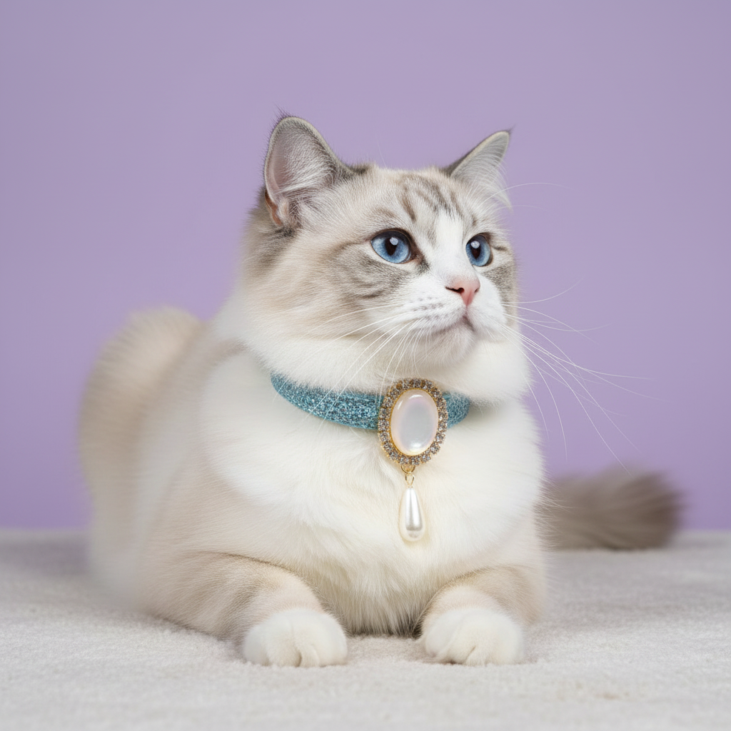 Ragdoll cat lounging with paws extended and gazing upward wearing a teal glitter breakaway cat collar with a gold oval pearl and rhinestone pendant