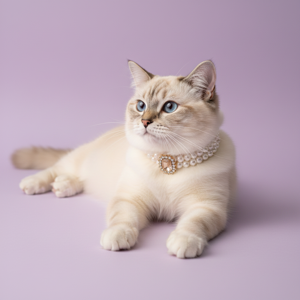 Ragdoll cat lounging wearing luxury double-strand pearl cat collar with champagne crystal centerpiece on lavender background
