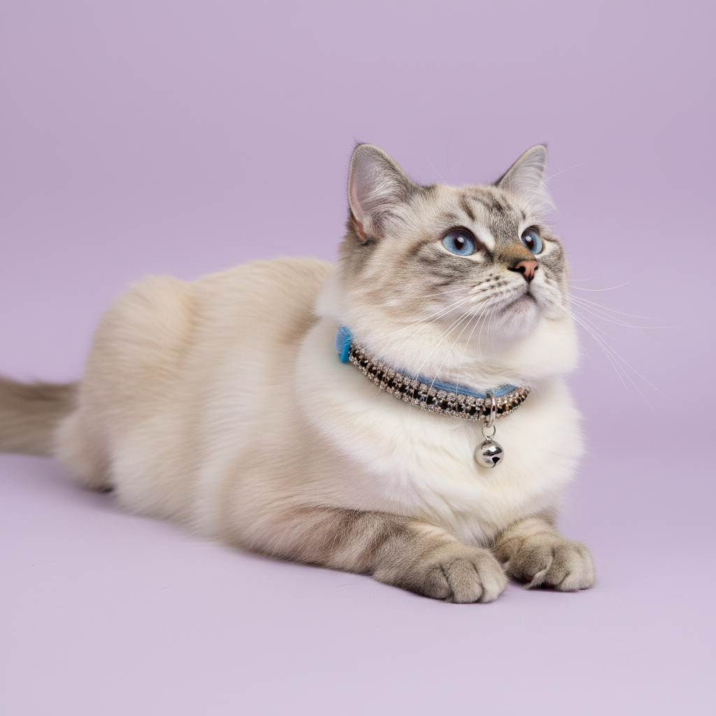 Blue-eyed seal lynx point Ragdoll cat lying down with head raised and gazing upward in three-quarter view wearing a blue velvet double-row black and clear crystal rhinestone collar with silver bell, luxury rhinestone cat collar on lavender background