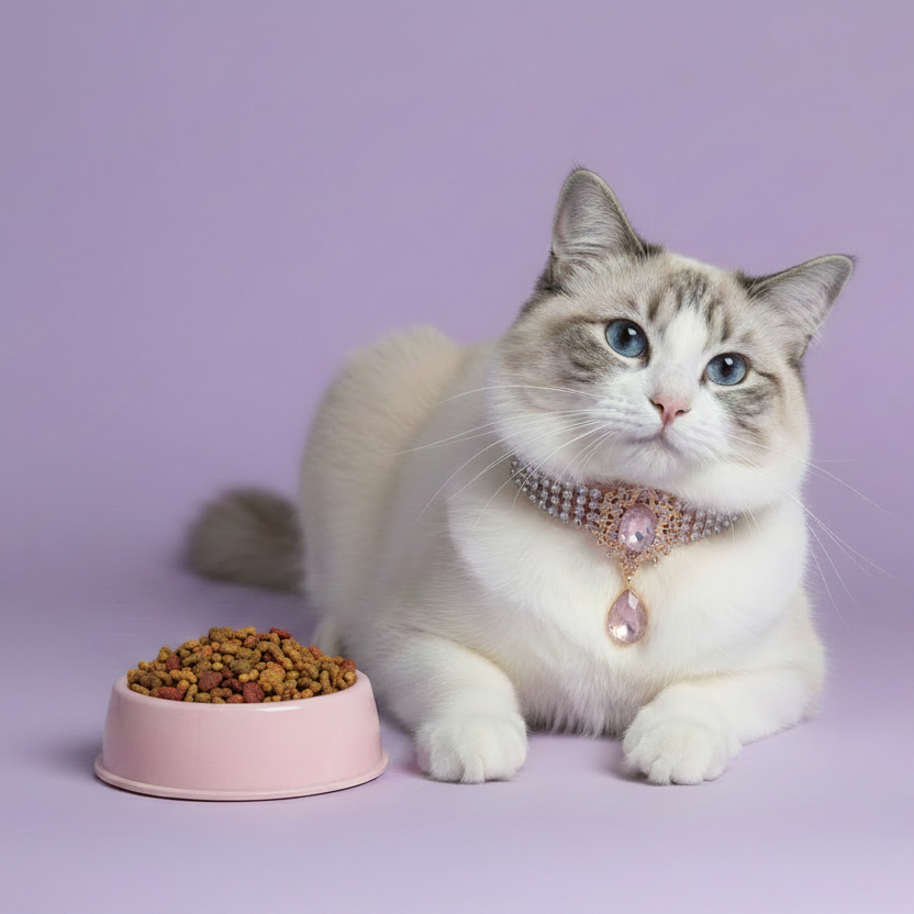 Ragdoll cat beside blush pink pet bowl wearing silver rhinestone collar with pink oval gem and teardrop charm — luxury cat bowl and collar