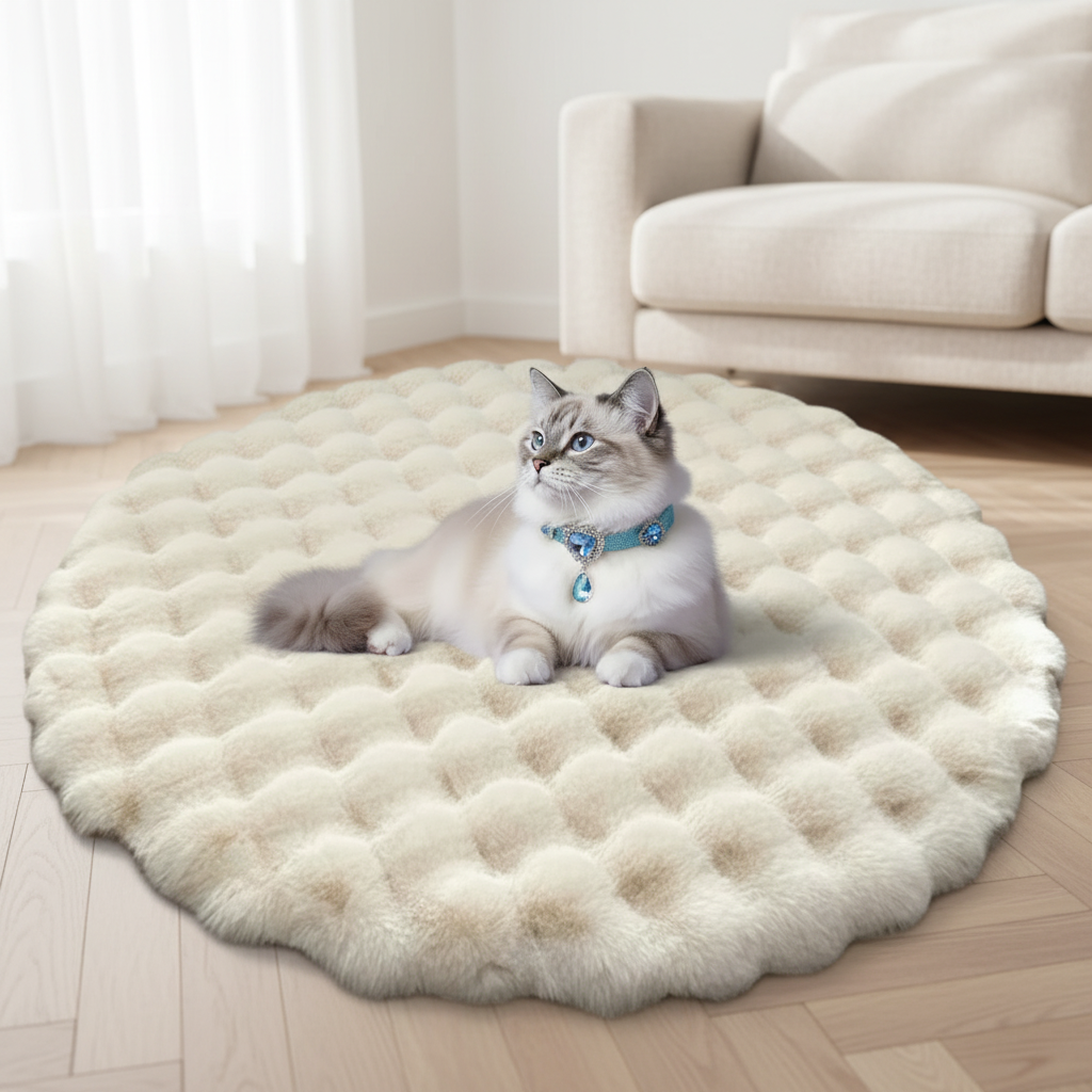 Ragdoll cat wearing a blue crystal rhinestone pendant collar lounging on a round cream waffle-textured plush pet mat in a bright modern living room