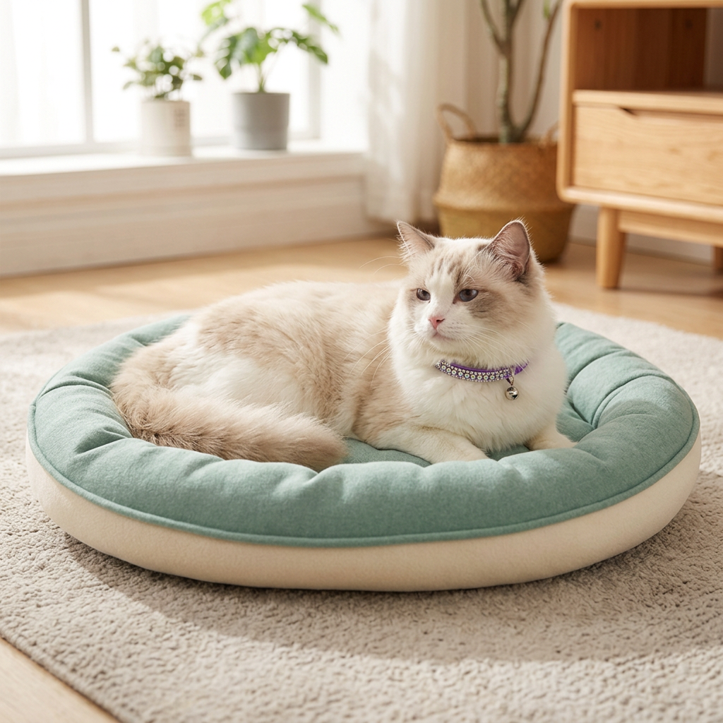 Ragdoll cat on sage oval bed wearing purple crystal collar