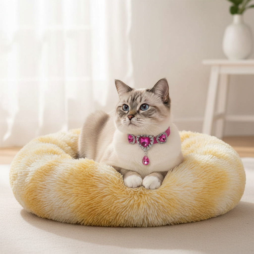 Ragdoll cat wearing a pink crystal rhinestone pendant necklace collar sitting in a round cream and golden yellow shaggy faux fur donut calming pet bed in a bright modern living room