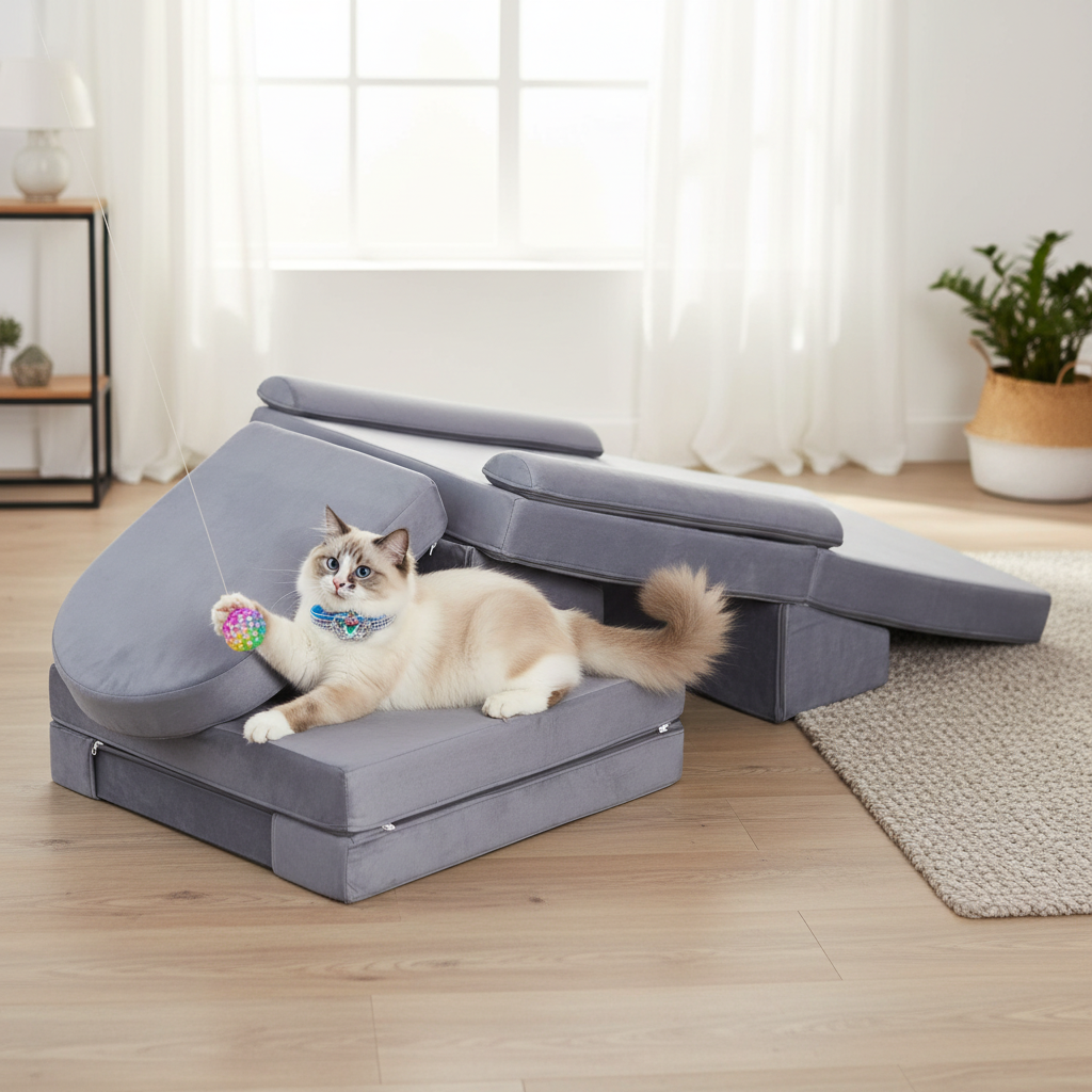 Ragdoll cat playing on the gray lounge sofa wearing the exact blue crystal collar