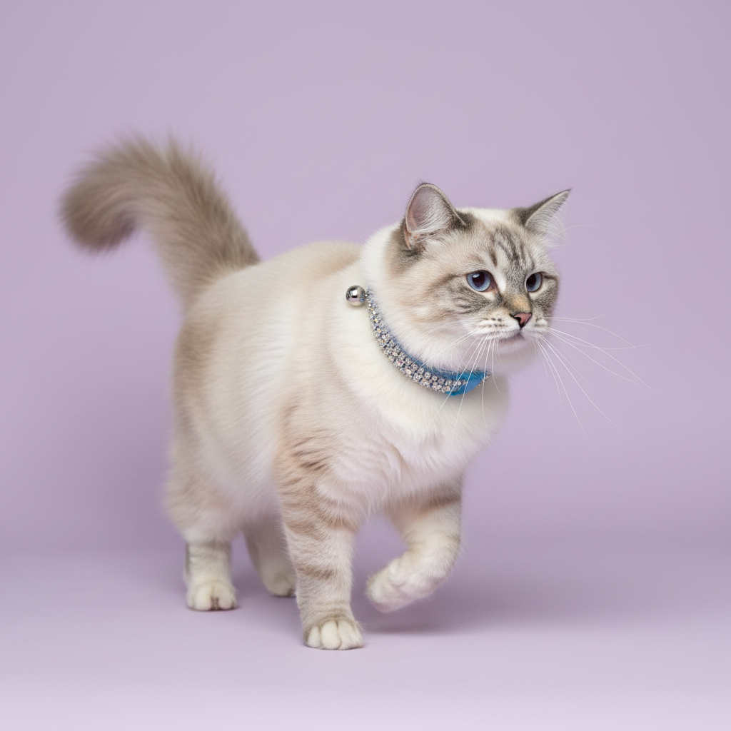 Blue-eyed seal lynx point Ragdoll cat mid-stride in three-quarter view with tail raised and gazing to the side wearing a blue velvet double-row clear crystal rhinestone collar with silver bell, luxury rhinestone cat collar on lavender background