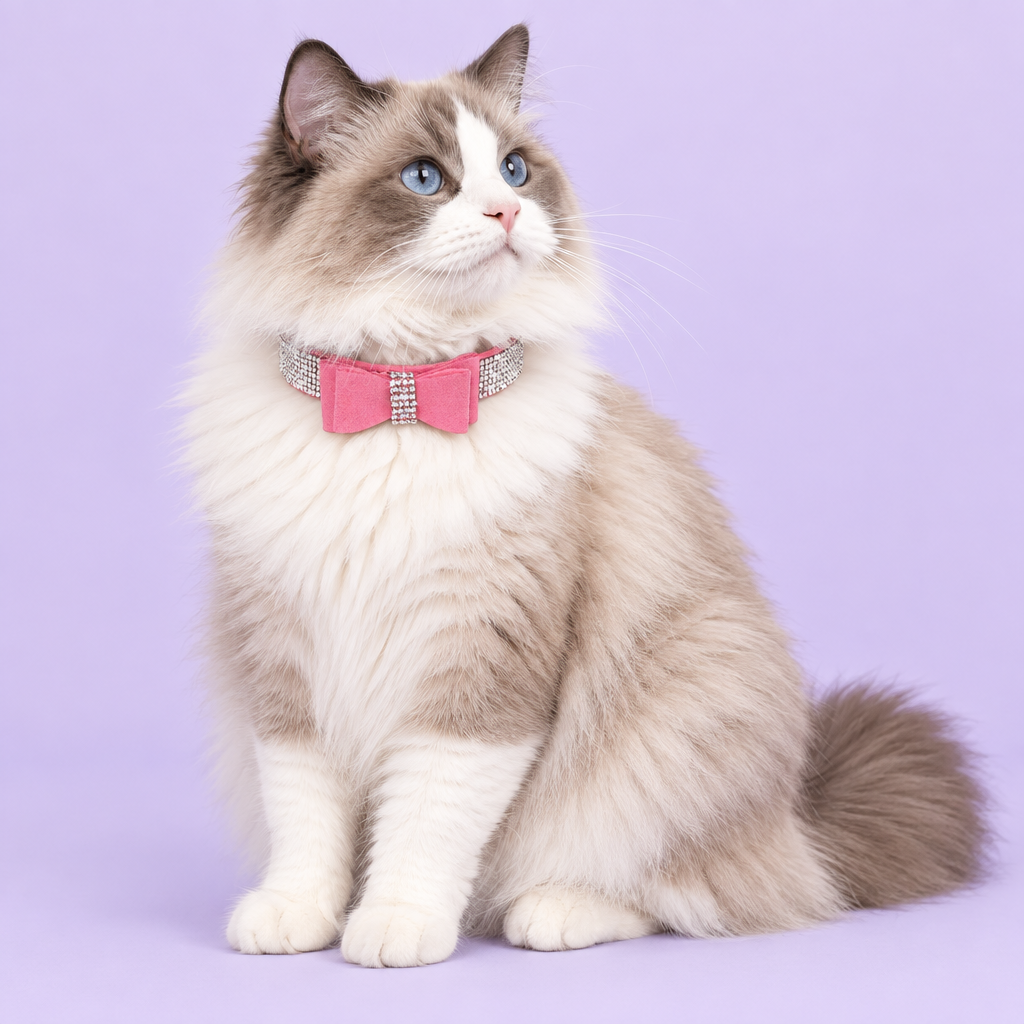 Ragdoll cat seated at an angle and looking upward