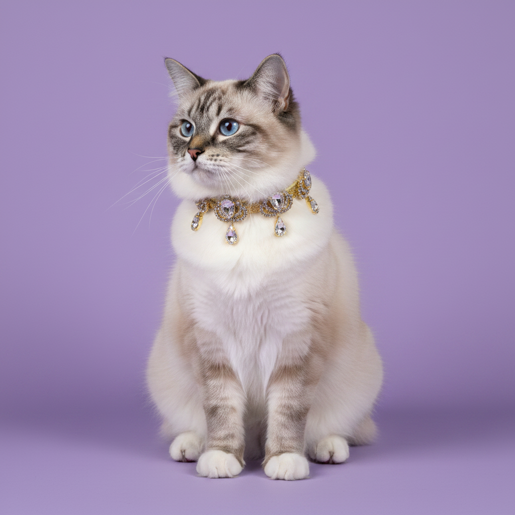 Ragdoll cat sitting tall and gazing upward wearing a gold crystal teardrop pendant rhinestone cat collar
