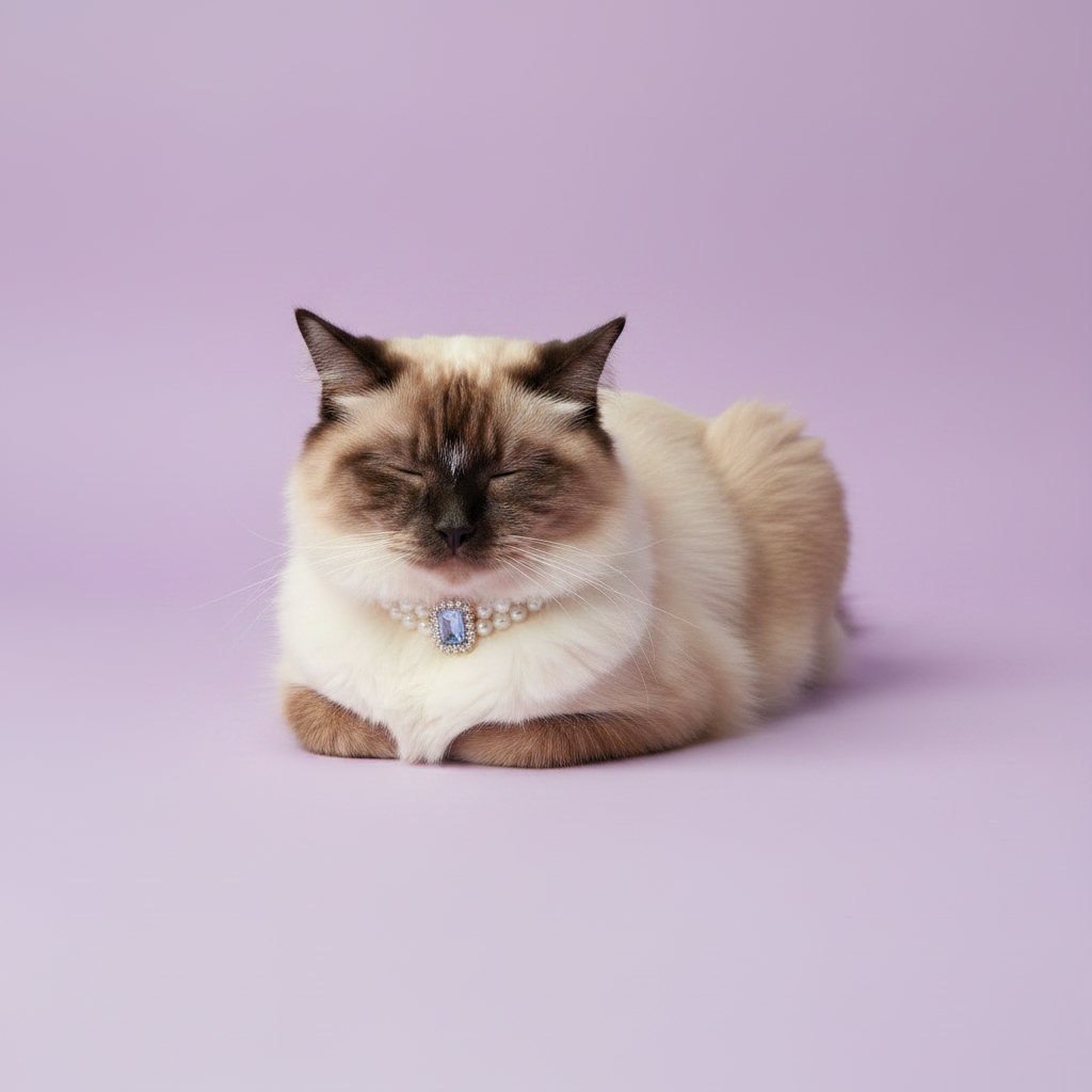 Ragdoll cat resting with eyes closed and wearing a pearl collar with a lavender gemstone pendant against a lavender background
