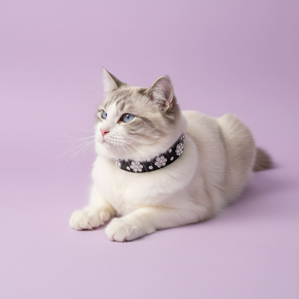 Ragdoll cat wearing a sparkling jeweled collar against a soft lavender studio background.