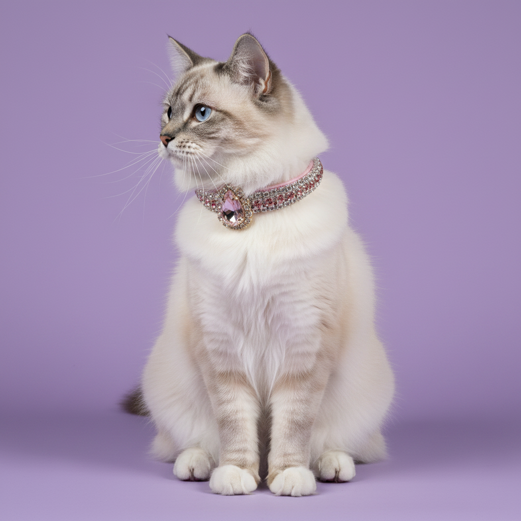 Blue-eyed lynx point Ragdoll cat sitting tall and gazing to the side wearing a pink AB iridescent rhinestone collar with oval pink amethyst crystal pendant, luxury gemstone cat collar for long-haired cats on lavender background