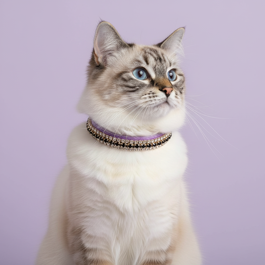 Blue-eyed seal lynx point Ragdoll cat sitting tall and gazing upward wearing a lavender velvet double-row champagne gold crystal rhinestone collar, luxury rhinestone cat collar on lavender background
