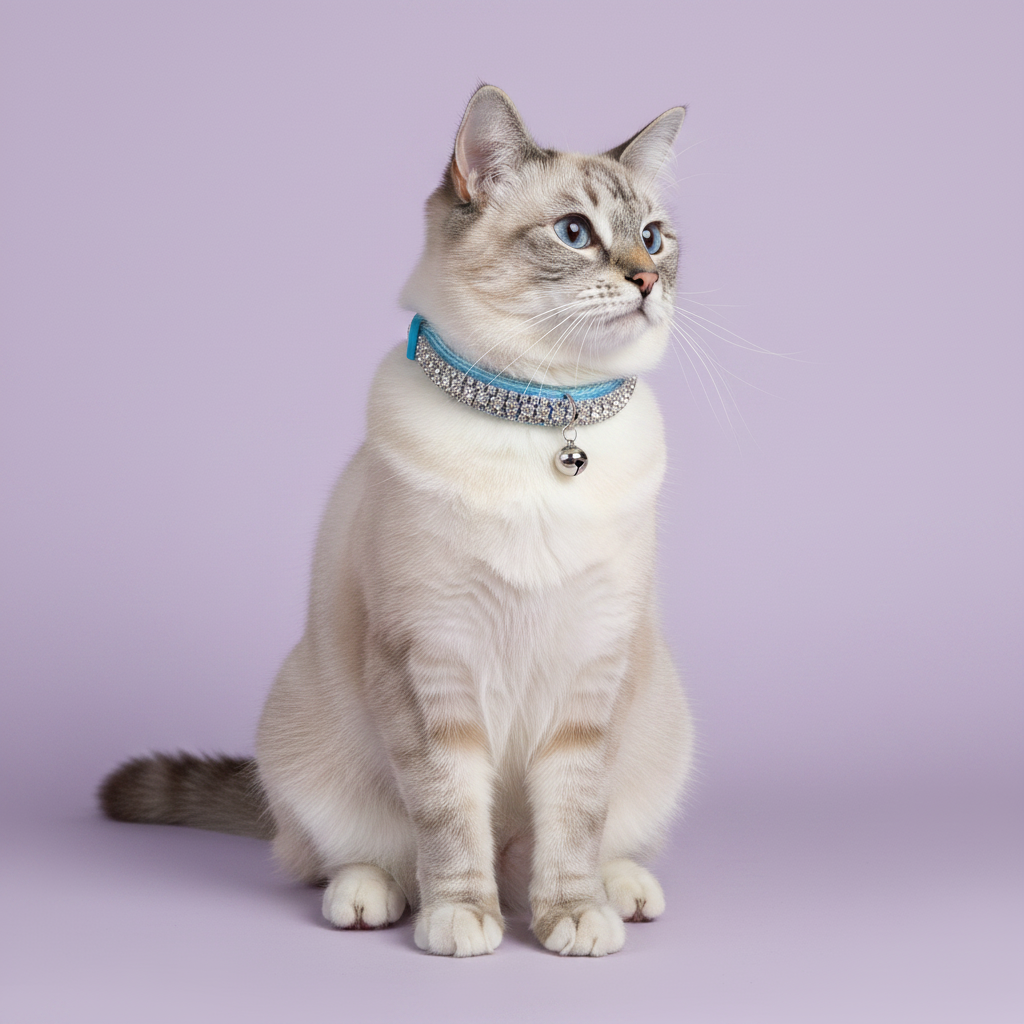 Blue-eyed seal lynx point Ragdoll cat sitting tall and gazing upward wearing a blue velvet double-row crystal rhinestone collar with silver bell, luxury rhinestone cat collar for long-haired cats on lavender background