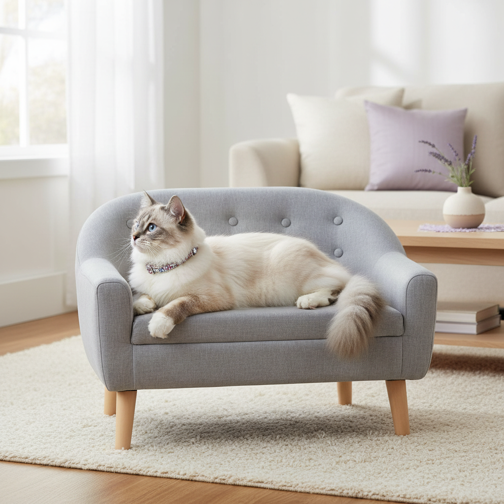 Ragdoll cat wearing the collar on the gray chair