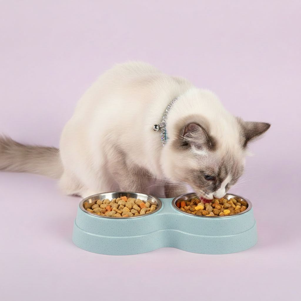 Ragdoll cat wearing a blue chain collar with silver bell charm eating dry kibble from a powder blue double stainless steel pet bowl set, lavender background
