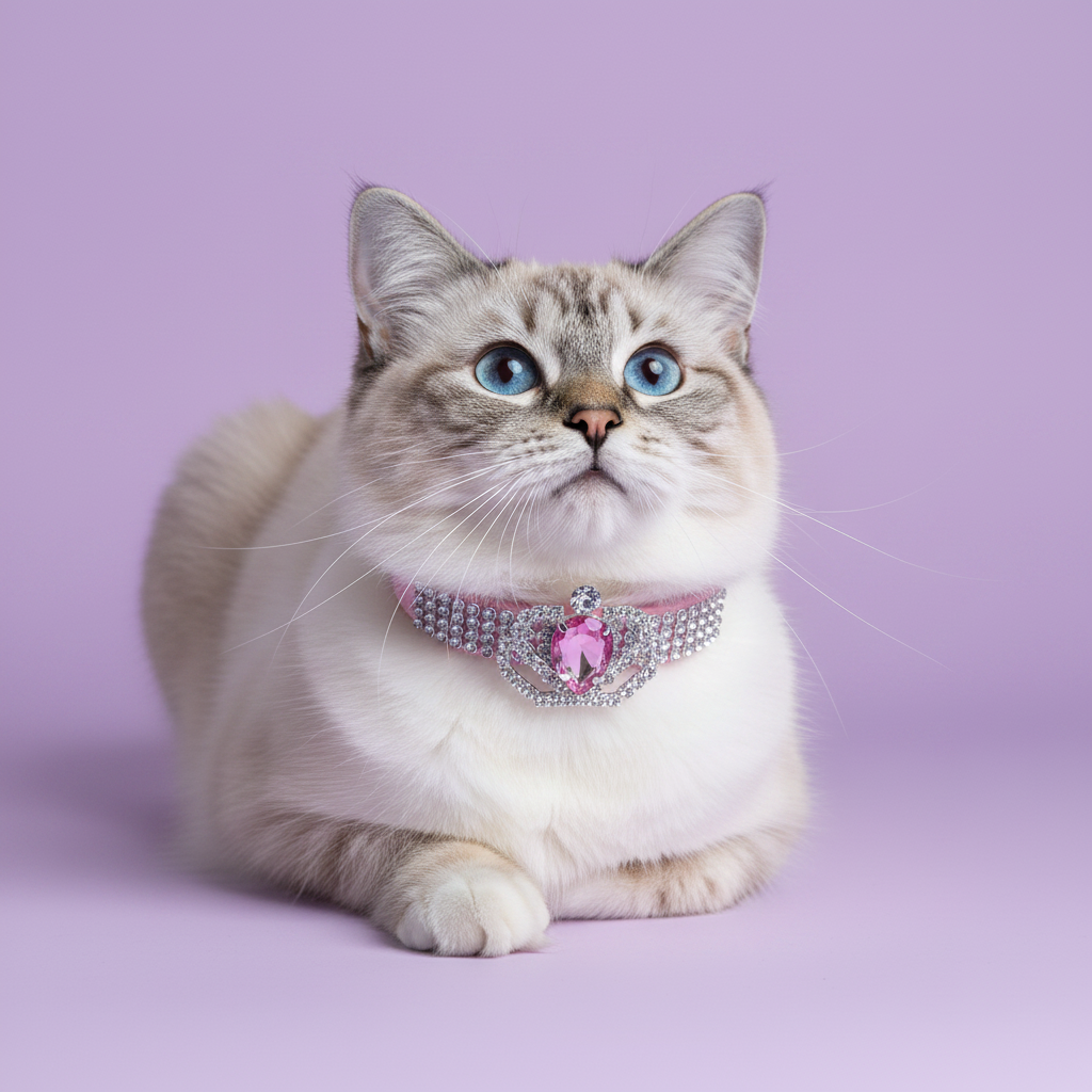 Blue-eyed lynx point Ragdoll cat lying down in loaf position and gazing upward wearing a pink rhinestone collar with a silver crown centerpiece featuring a faceted pink heart crystal, luxury crown heart crystal breakaway cat collar for long-haired cats on solid lavender background