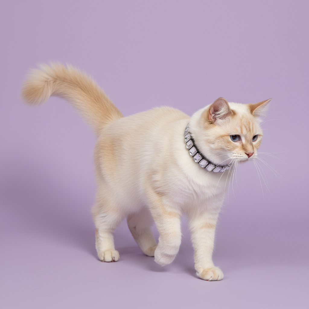 Cream and white Ragdoll cat walking and wearing a clear crystal rhinestone collar against a soft lavender studio background.