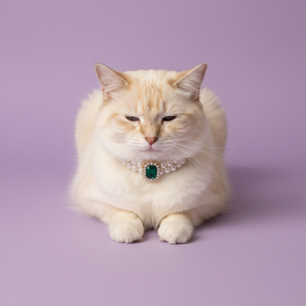 Cream Ragdoll cat sitting and wearing a double pearl collar with an emerald gemstone pendant against a lavender background