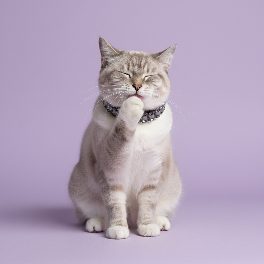Ragdoll cat sitting and grooming its paw while wearing a dark rhinestone collar against a soft lavender studio background.