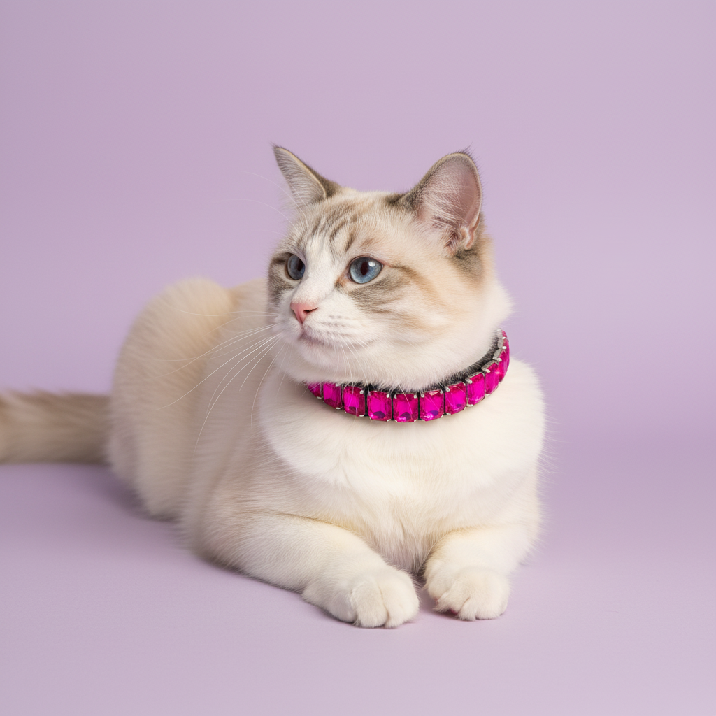Ragdoll cat wearing a hot pink rhinestone collar against a soft lavender studio background.