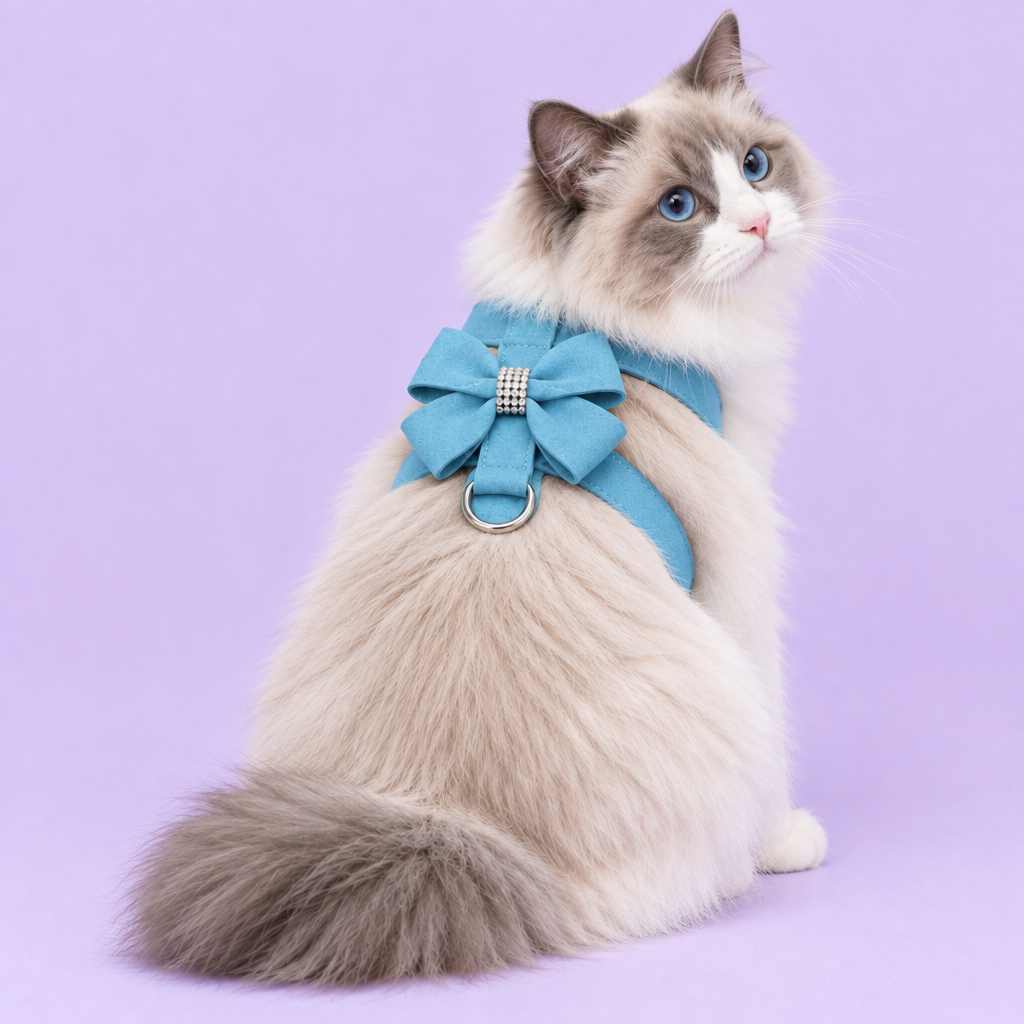 Ragdoll in blue bow harness