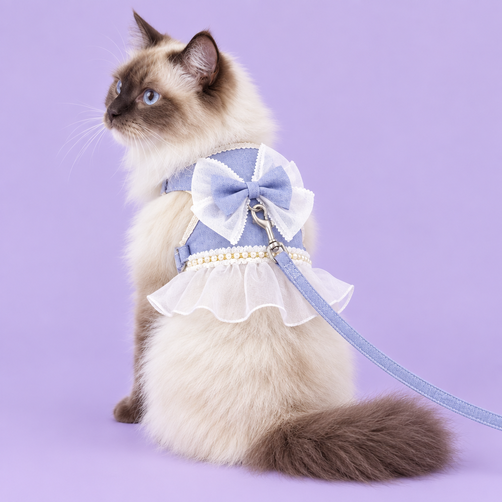 Ragdoll in blue ruffled harness on lavender