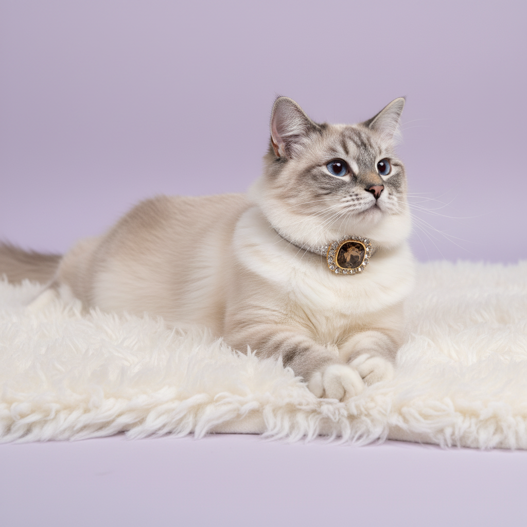Blue-eyed lynx point Ragdoll cat lounging on a white fluffy rug and gazing upward wearing a white glitter rhinestone cat collar with smoky topaz cushion-cut gem and gold rhinestone halo centerpiece on lavender background