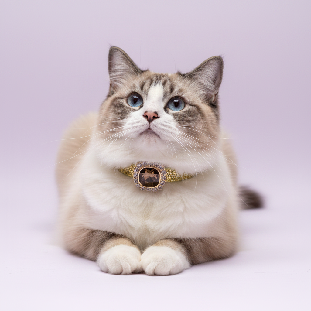 Blue-eyed bicolor Ragdoll cat lounging in loaf position and gazing upward wearing a gold glitter rhinestone cat collar with smoky topaz cushion-cut gem and rhinestone halo centerpiece on lavender background