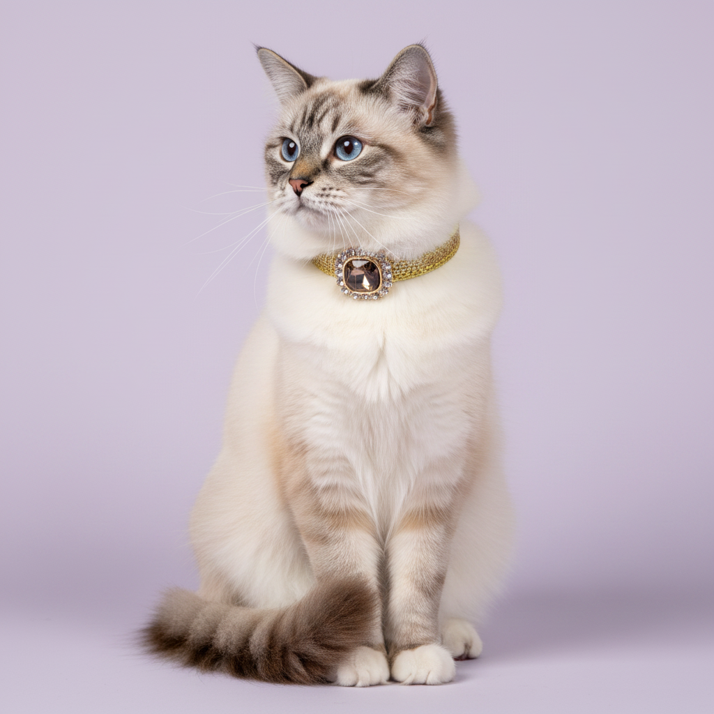 Blue-eyed Ragdoll cat sitting upright and gazing upward wearing a gold glitter rhinestone cat collar with single smoky topaz cushion-cut gem and rhinestone halo centerpiece on lavender background