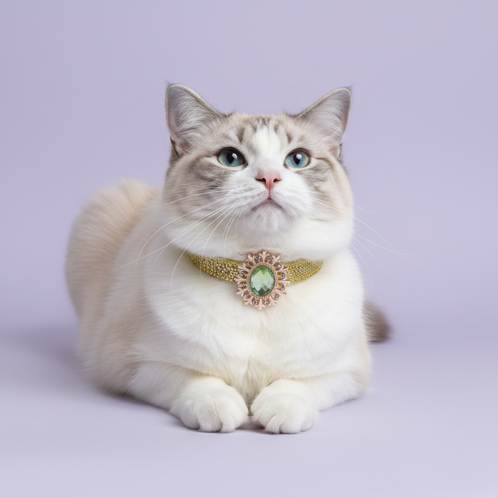 Blue lynx point Ragdoll cat in a loaf pose wearing a gold glitter breakaway cat collar with peridot green oval crystal sunburst pendant