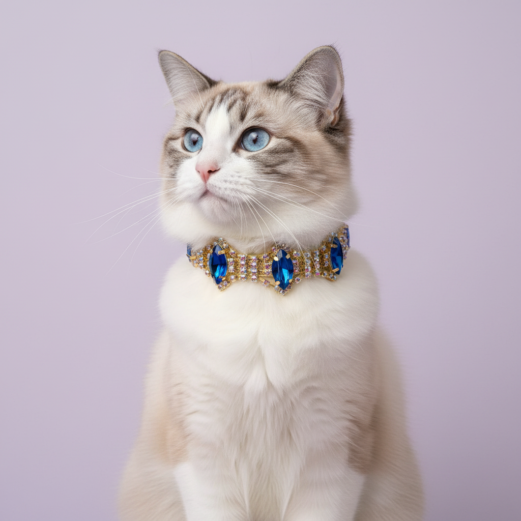 Cream Ragdoll cat wearing gold rhinestone breakaway cat collar with sapphire blue marquise crystal stones