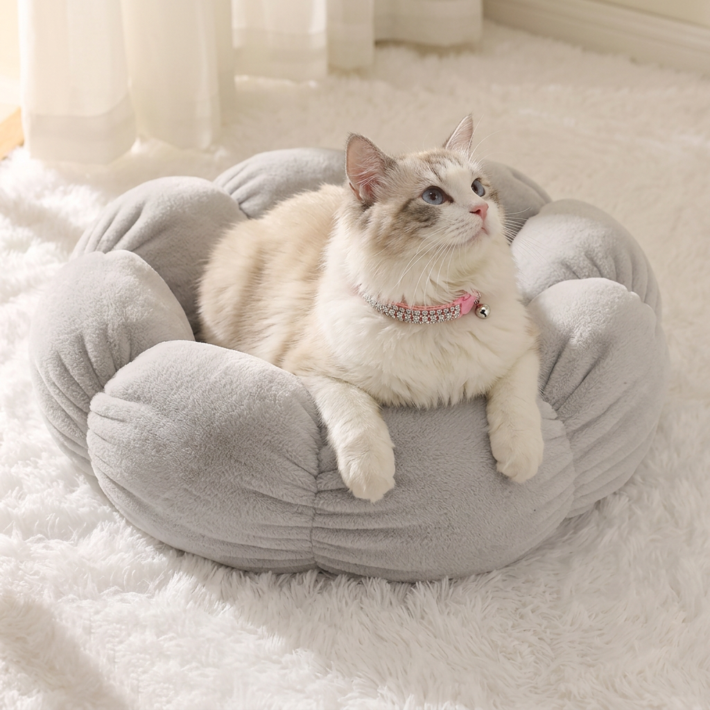 Ragdoll in gray flower bed wearing pink crystal collar