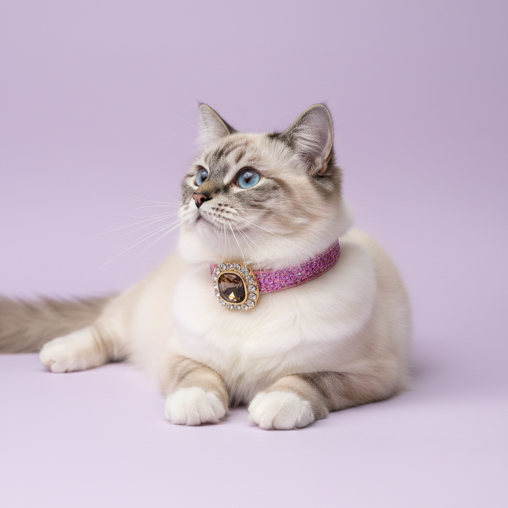 Blue-eyed lynx point Ragdoll cat lounging and gazing upward wearing a pink glitter rhinestone cat collar with smoky topaz cushion-cut gem and rhinestone halo centerpiece on lavender background