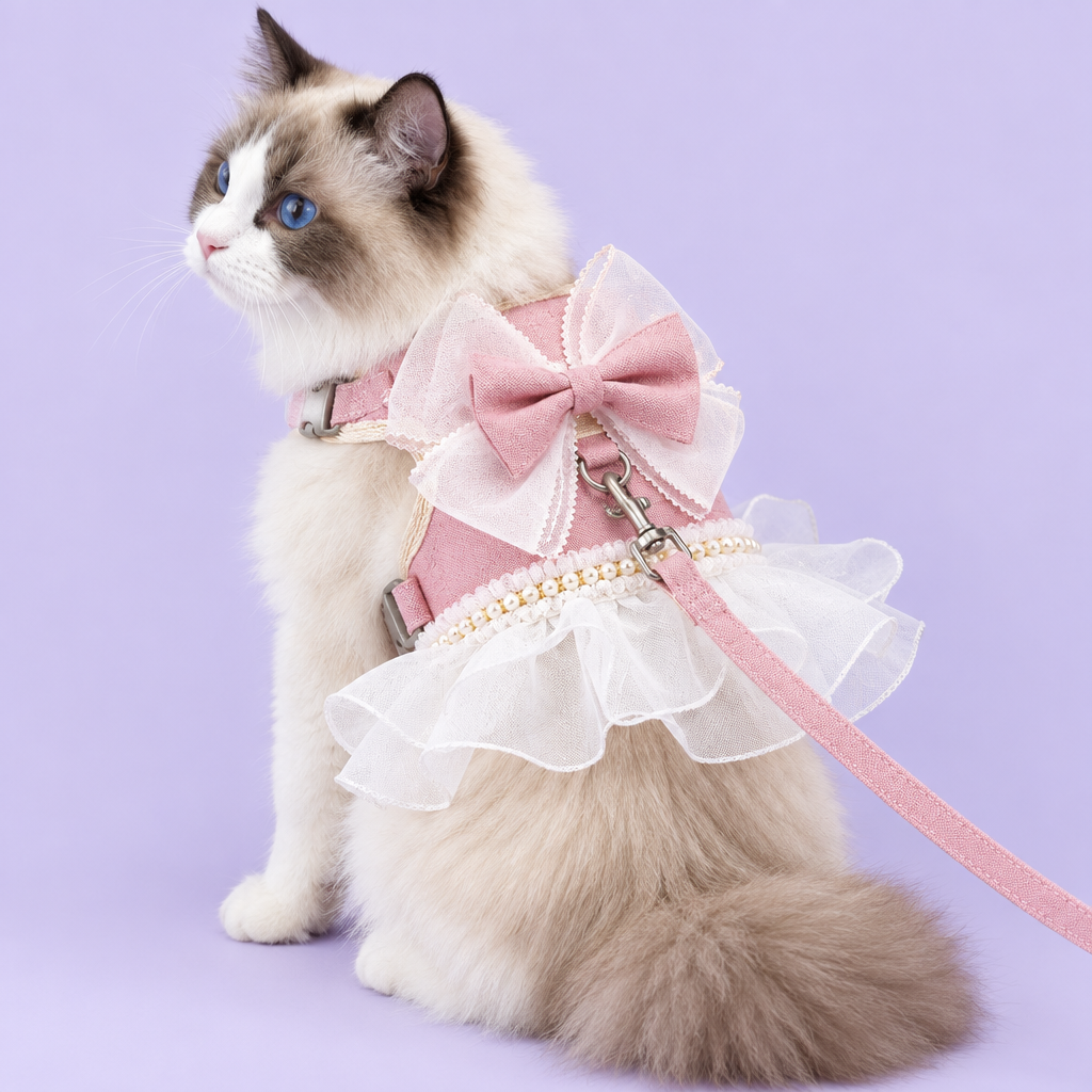 Ragdoll in pink ruffled harness