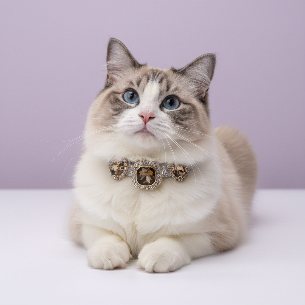 Blue-eyed Ragdoll cat lounging and gazing upward wearing a silver rhinestone cat collar with triple smoky topaz cushion-cut gems and ornate gold filigree accents on lavender background