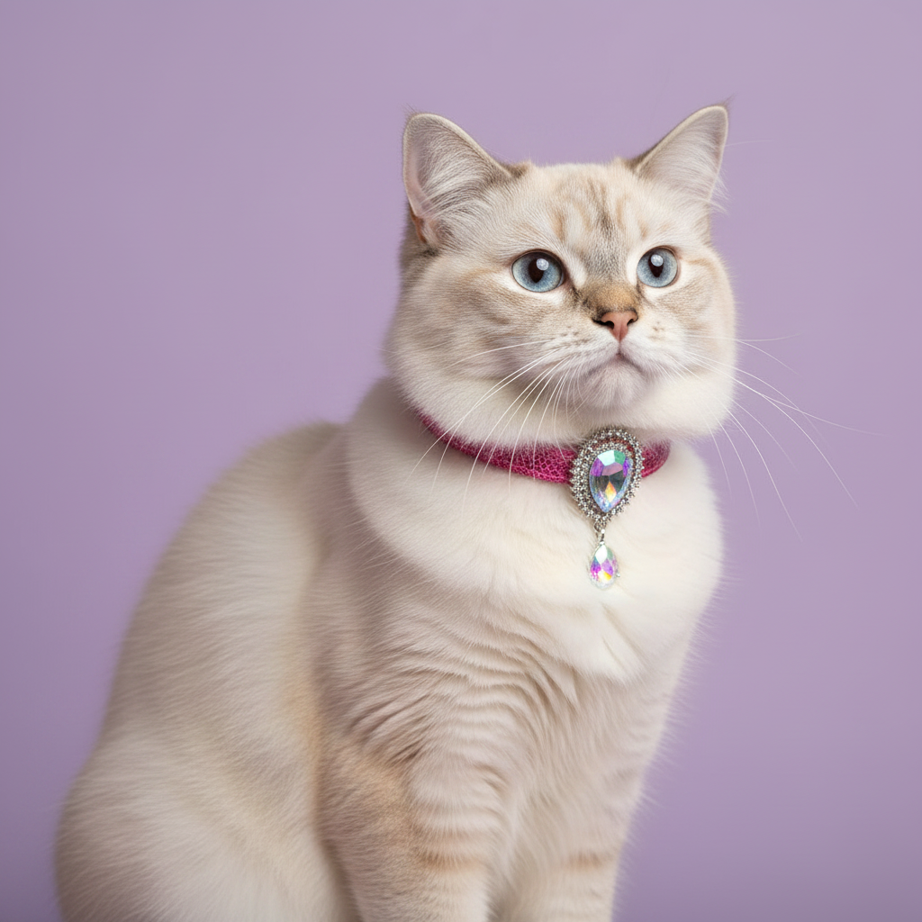 Cream Ragdoll cat with blue eyes sitting tall and gazing upward wearing a hot pink slim breakaway cat collar with a silver rhinestone and aurora borealis crystal teardrop pendant