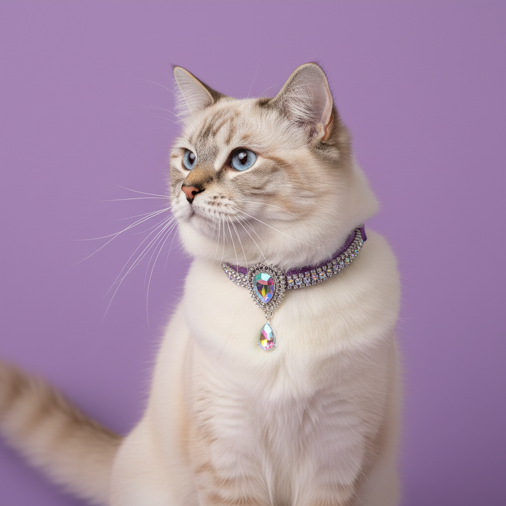 Lynx point Ragdoll cat with blue eyes wearing purple rhinestone breakaway cat collar with aurora borealis crystal teardrop pendant