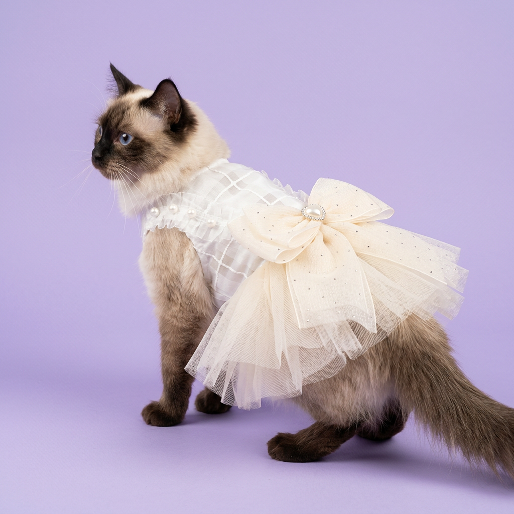 Ragdoll in the ivory pearl-bow dress