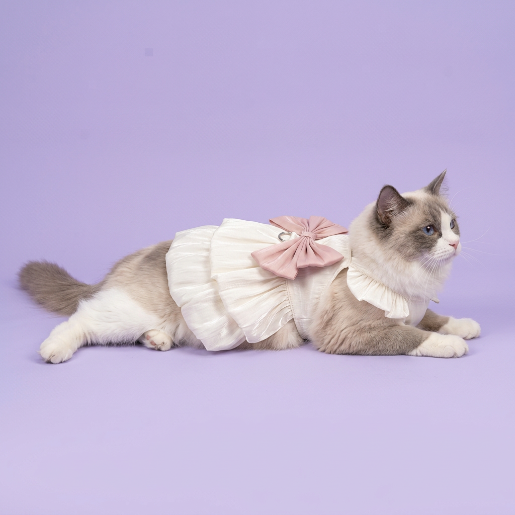 Ragdoll lounging in side profile in the ivory dress