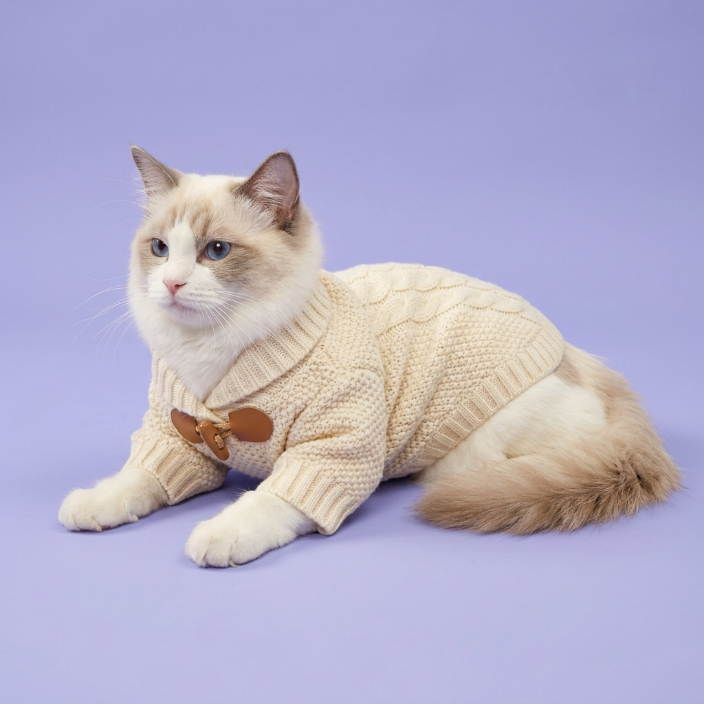Ragdoll lounging in the cream knitted sweater on lavender