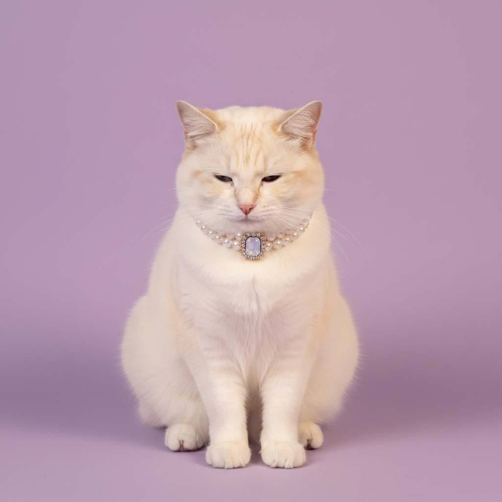 Cream Ragdoll cat sitting and wearing a pearl collar with a moonstone pendant against a lavender background⠋