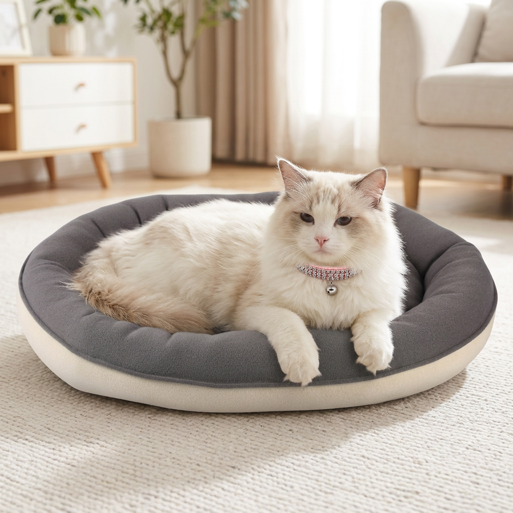 Ragdoll on gray bed wearing pink crystal collar