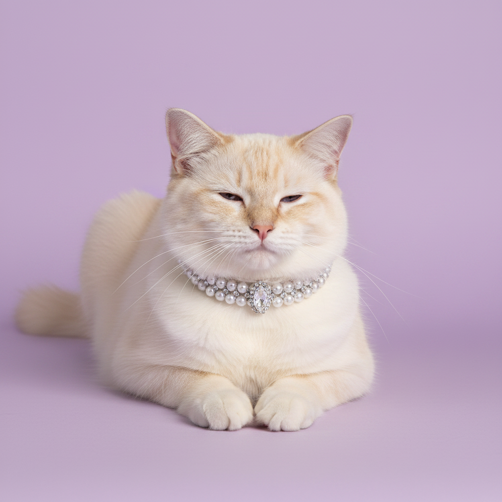 Cream flame point Ragdoll cat in a loaf position with a contented expression, wearing the double-strand white pearl collar with a marquise-cut crystal centerpiece, on a soft lavender background — real lifestyle photo