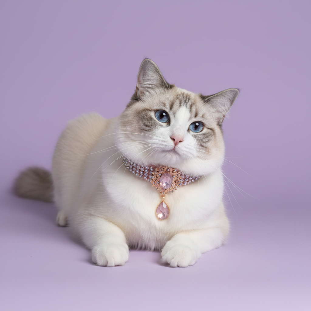 Blue-eyed lynx point Ragdoll cat lying down with front paws extended and gazing upward wearing a pink pearl rhinestone collar with an ornate gold Victorian centerpiece featuring an oval blush rose quartz crystal and a dangling teardrop pink crystal pendant, luxury Victorian crystal cat collar for long-haired cats on solid lavender background