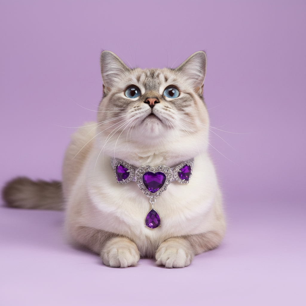 Blue-eyed lynx point Ragdoll cat lying down with front paws extended and gazing upward wearing a silver rhinestone collar with three rhinestone-framed deep purple amethyst heart crystals and a dangling teardrop purple crystal pendant, luxury heart gem cat collar for long-haired cats on solid lavender background