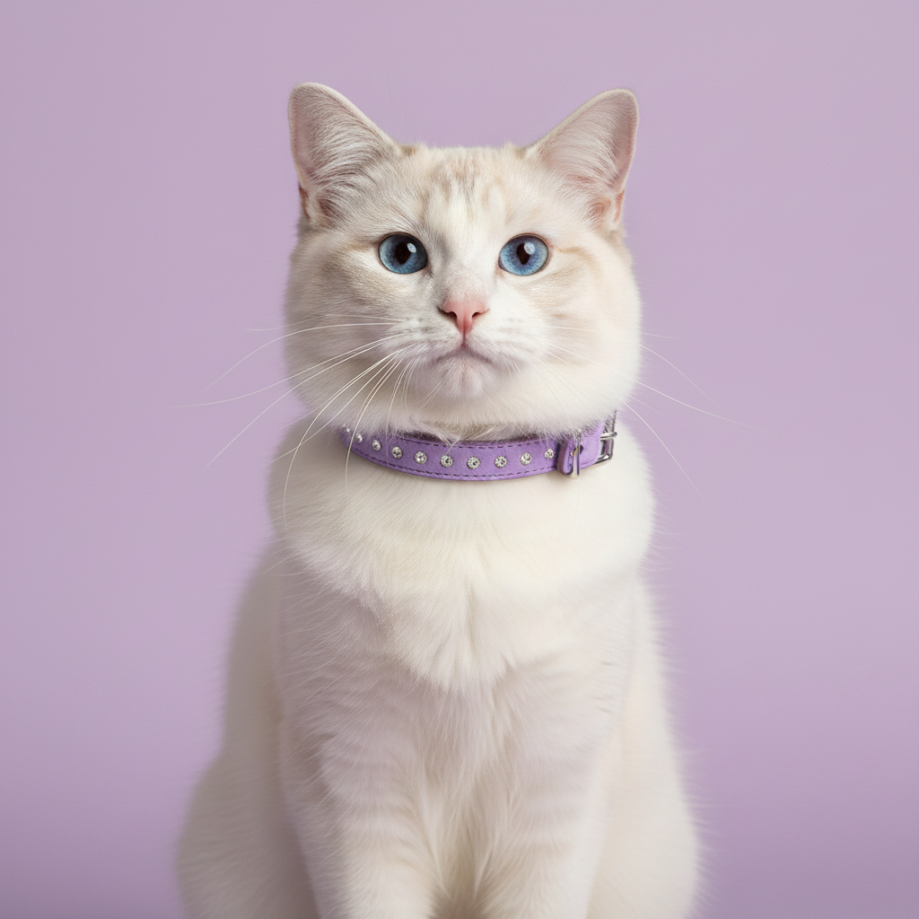 Blue-eyed Ragdoll cat wearing a lavender purple rhinestone crystal leather cat collar with silver buckle, seated studio portrait on lavender background