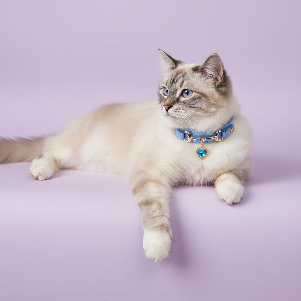 Blue-eyed Ragdoll cat with tabby point markings lying in a relaxed pose and looking upward, wearing a light blue leather pet collar with gold snaffle-bit hardware and a teal crystal heart charm pendant, on a soft lavender background