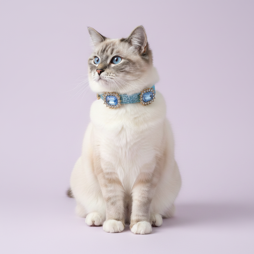 Ragdoll cat wearing a blue sapphire crystal rhinestone breakaway cat collar
