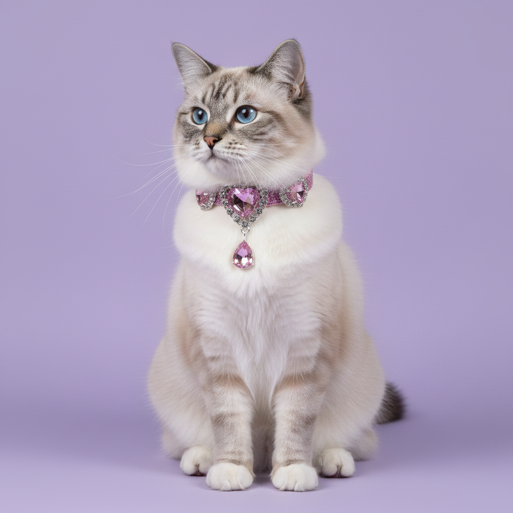 Blue-eyed lynx point Ragdoll cat sitting tall and gazing upward wearing a soft pink rhinestone collar with three rhinestone-framed light pink heart crystals and a dangling teardrop pink crystal pendant, luxury heart gem cat collar for long-haired cats on solid lavender background