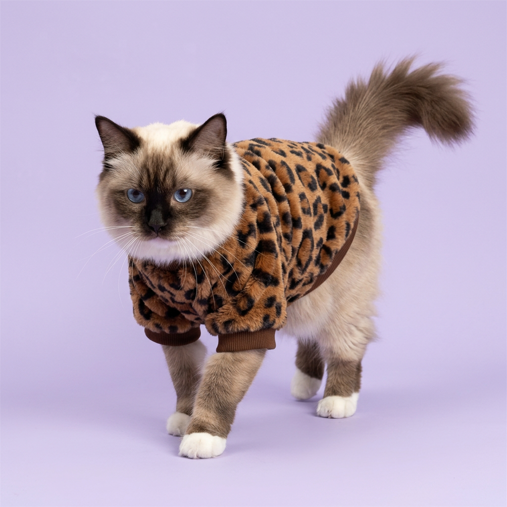 Ragdoll stepping forward in the leopard sweatshirt
