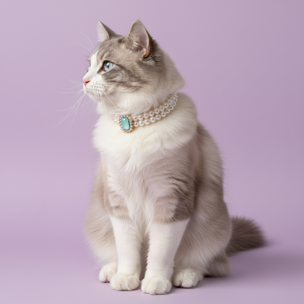 Ragdoll cat sitting and wearing a pearl collar with a teal gemstone pendant against a lavender background